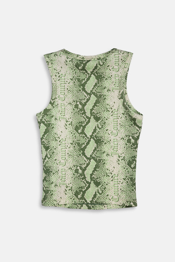 Displays a model wearing the Green Snake print 'Juicy' branded diamanté vest 