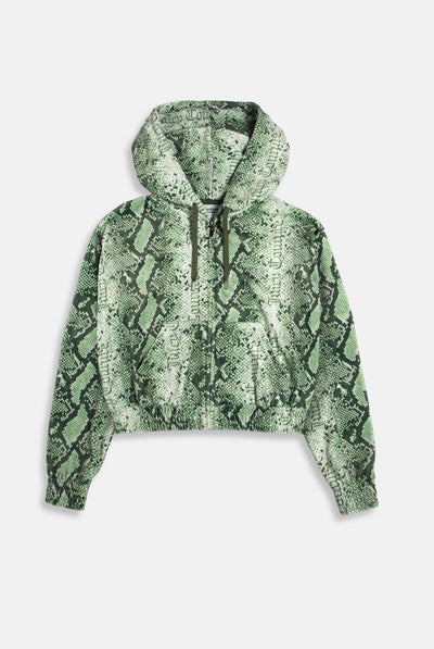 GREEN SNAKE PRINT DIAMANTÉ JUICY OVERSIZED CROPPED HOODIE