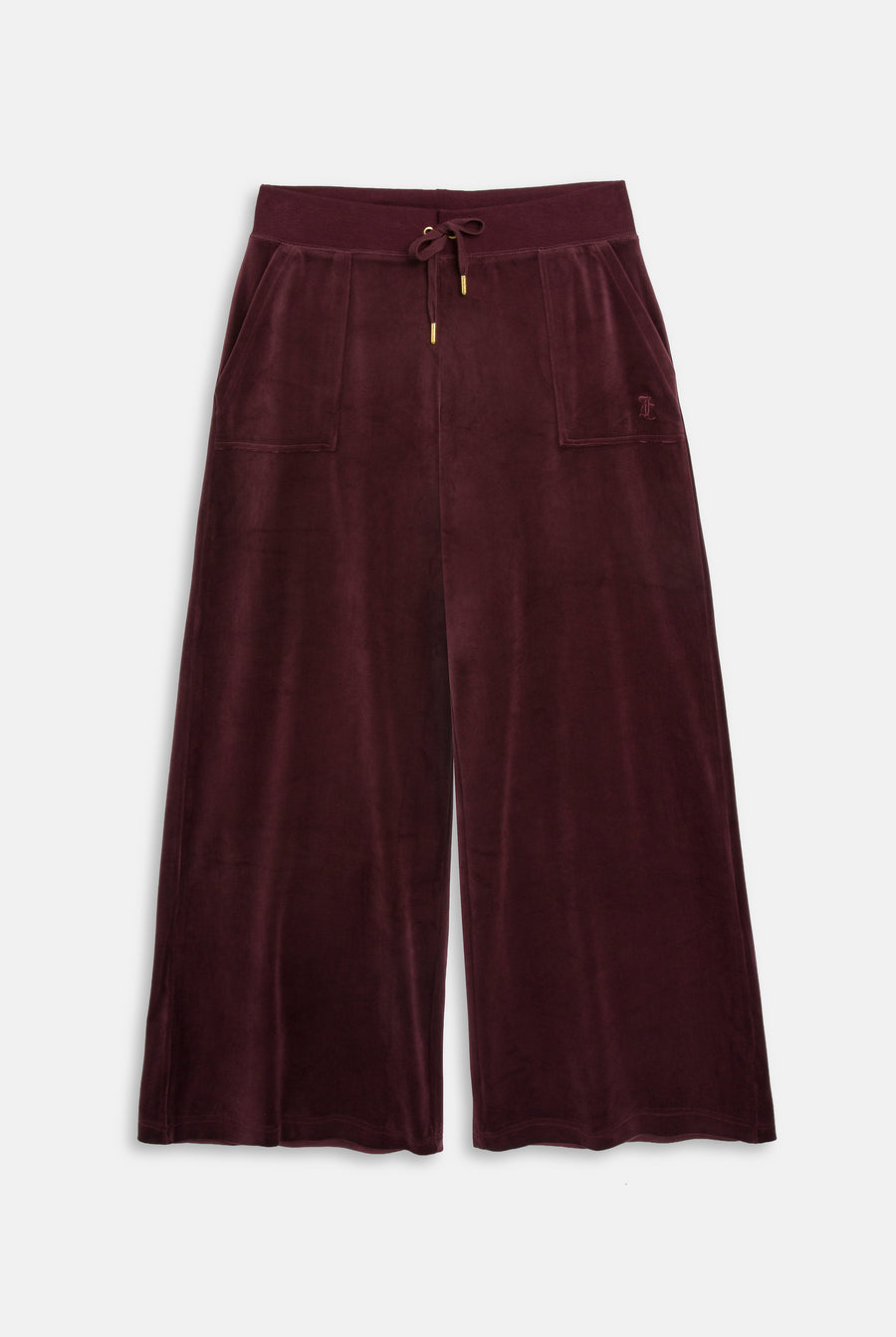 Displays the Winetasting/ Gold 'Juicy' branded Wide Leg Classic Velour Track Pant