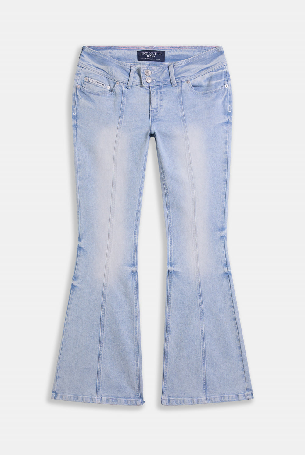 Displays a model wearing the Light wash 'juicy' branded low rise flared embodied jeans 