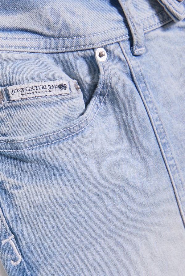 LIGHT WASH LOW RISE FLARED EMBROIDERED JEANS