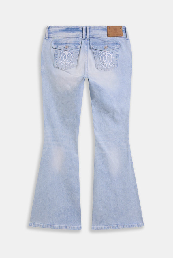 LIGHT WASH LOW RISE FLARED EMBROIDERED JEANS