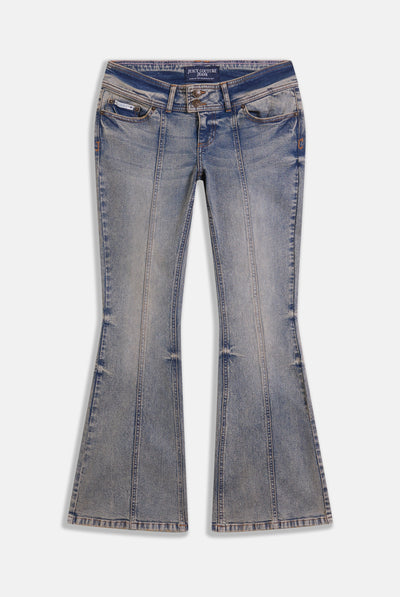 VINTAGE WASH LOW RISE FLARED EMBROIDERED JEANS