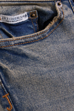 Displays the Vintage Wash 'Juicy' branded Low Rise flared embroiled jeans 