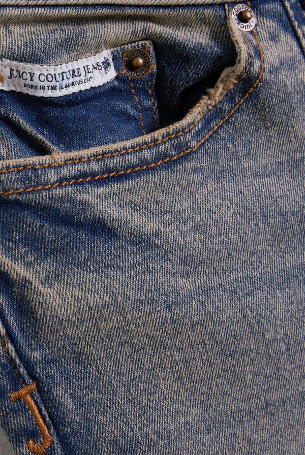 VINTAGE WASH LOW RISE FLARED EMBROIDERED JEANS