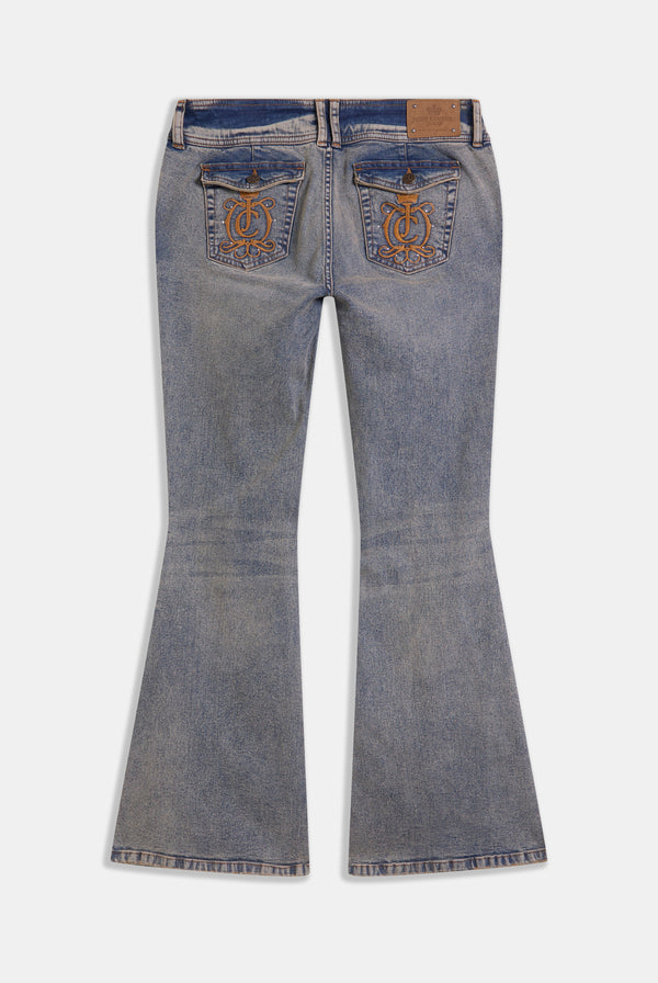 VINTAGE WASH LOW RISE FLARED EMBROIDERED JEANS