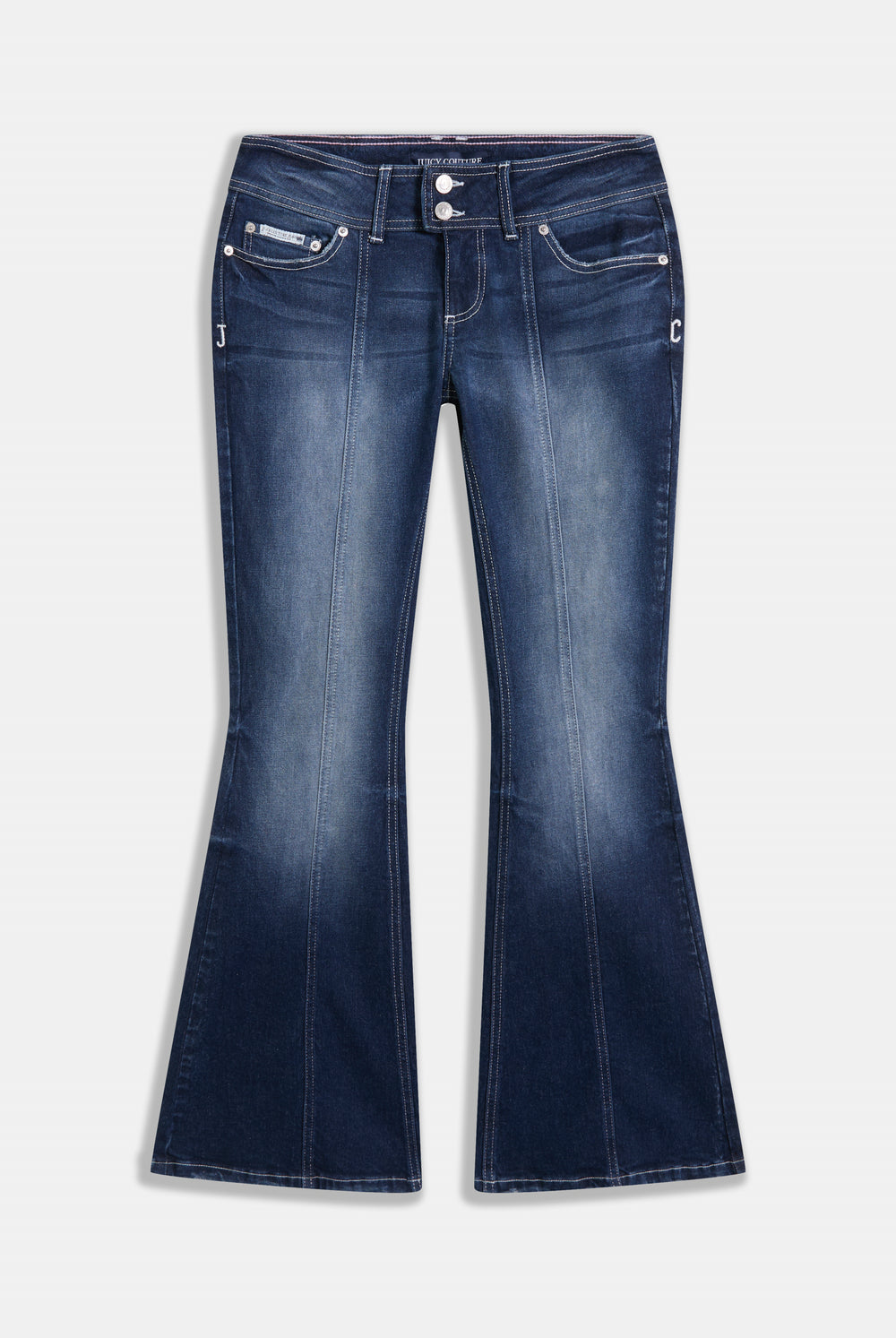 Displays the 'Juicy' branded mid wash low rise flare embroidered jeans