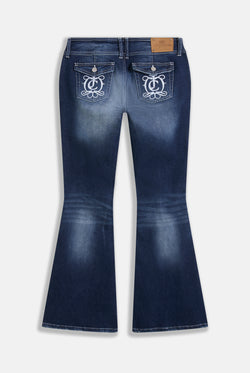 Displays the 'Juicy' branded mid wash low rise flare embroidered jeans
