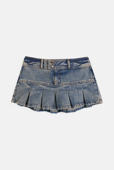 VINTAGE WASH DENIM PLEATED MINI SKIRT