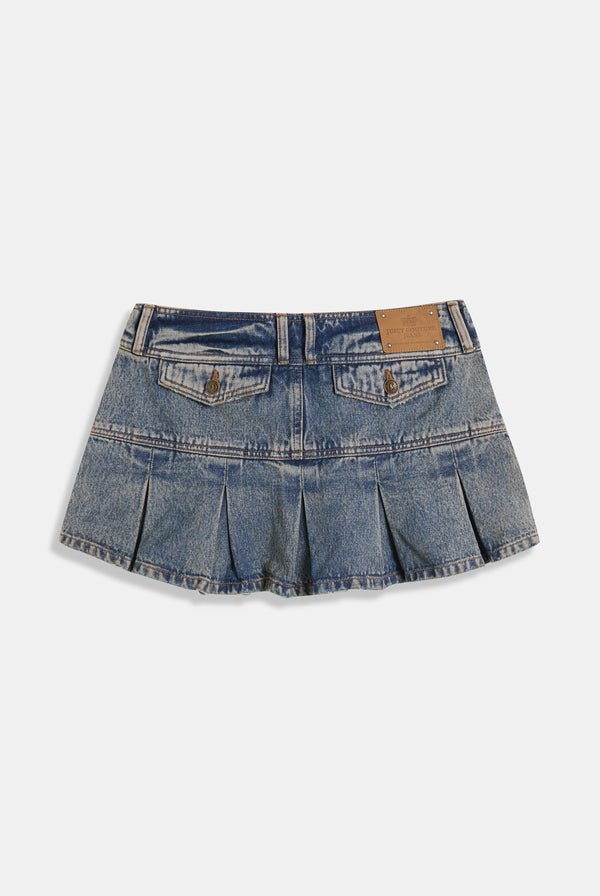 VINTAGE WASH DENIM PLEATED MINI SKIRT