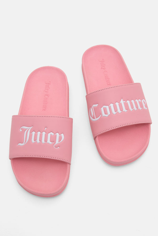 CANDY PINK JUICY COUTURE EMBOSSED SLIDERS
