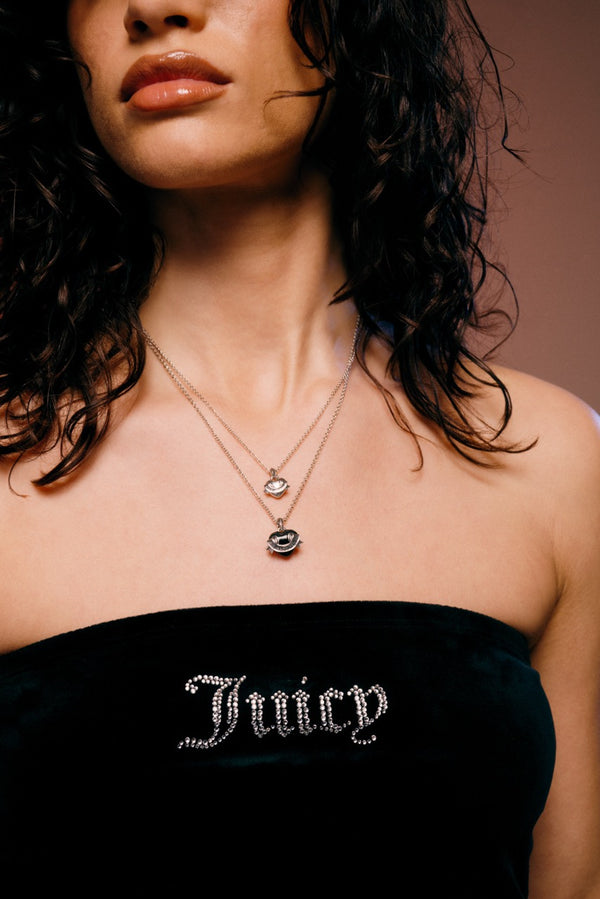 Displays a model wearing the 'Juicy' Silver Tone Enamel Icon Heart Pendant
