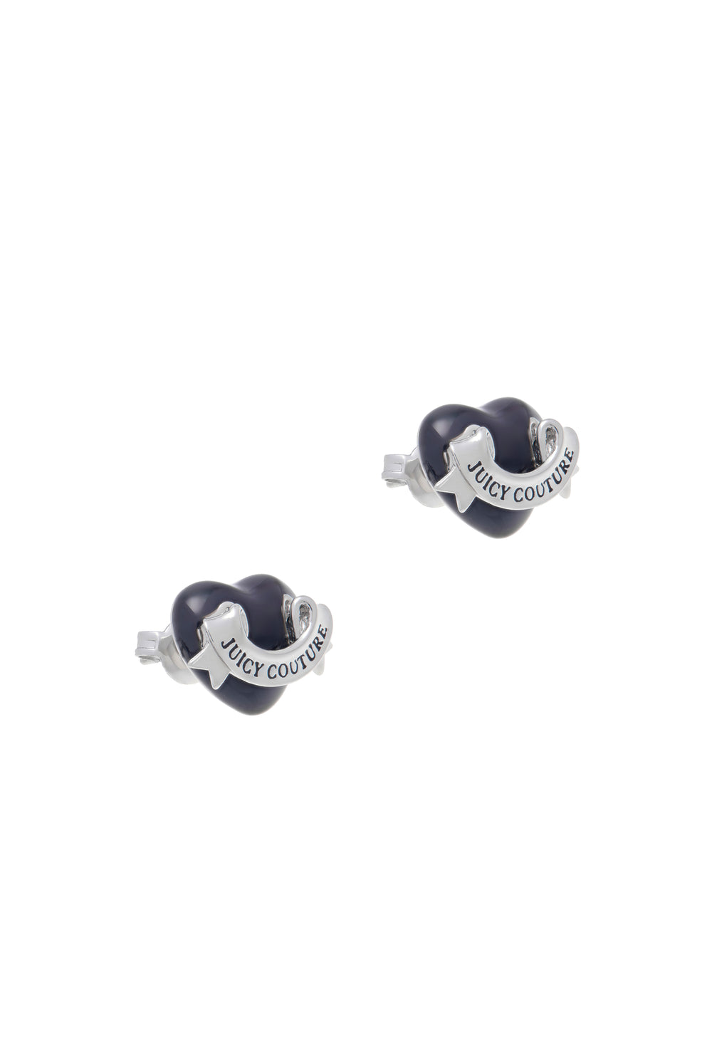 Displays the Silver Tone 'Juicy' branding enamel icon heart stud earrings 