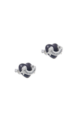 Displays the Silver Tone 'Juicy' branding enamel icon heart stud earrings 