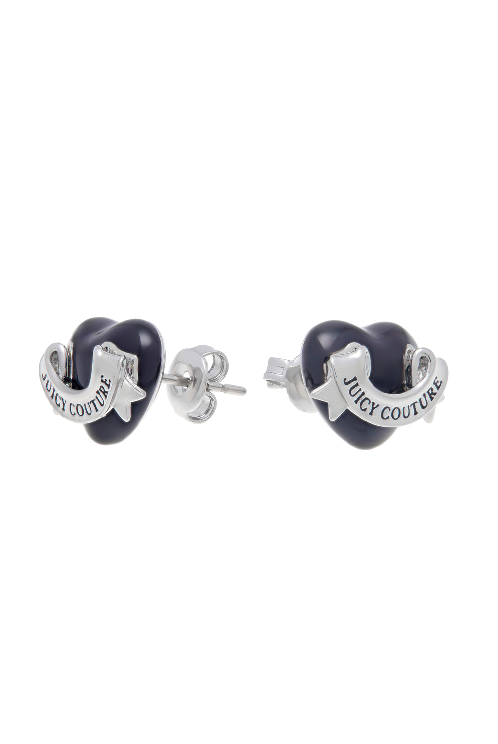 Displays the Silver Tone 'Juicy' branding enamel icon heart stud earrings 