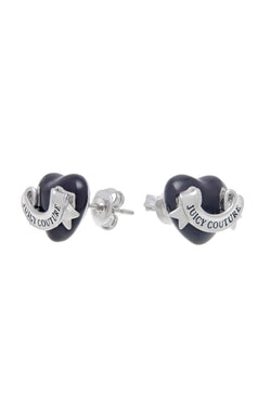 Displays the Silver Tone 'Juicy' branding enamel icon heart stud earrings 