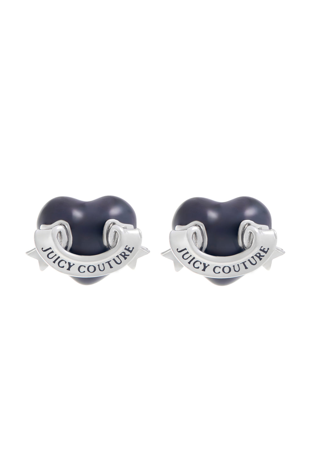 Displays the Silver Tone 'Juicy' branding enamel icon heart stud earrings 
