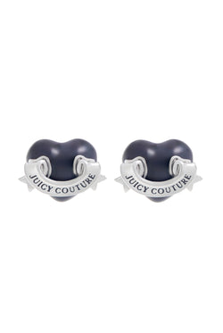 Displays the Silver Tone 'Juicy' branding enamel icon heart stud earrings 