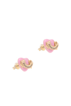 Displays the Gold tone 'Juicy' branded enamel icon heart stud earrings 