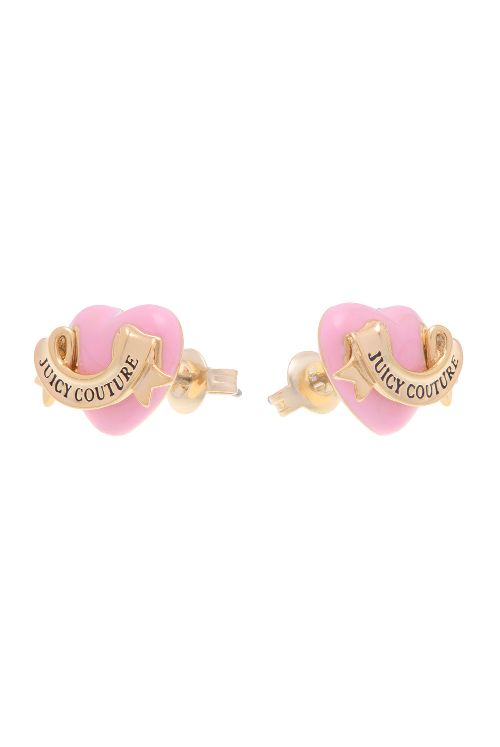 Displays the Gold tone 'Juicy' branded enamel icon heart stud earrings 