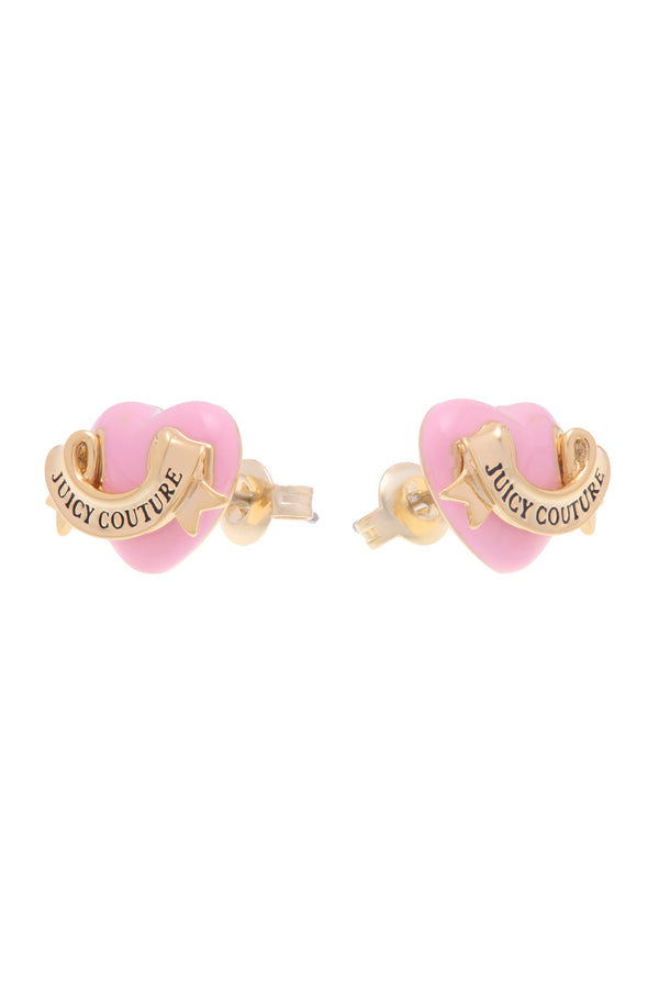 Displays the Gold tone 'Juicy' branded enamel icon heart stud earrings 