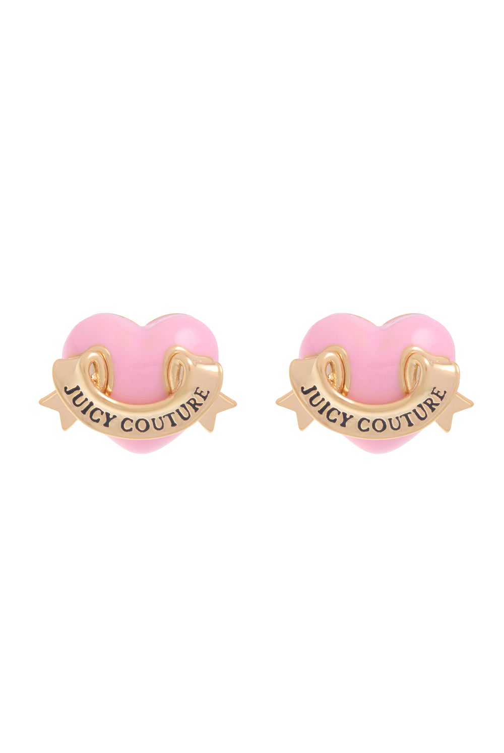 Displays the Gold tone 'Juicy' branded enamel icon heart stud earrings 