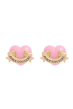 Displays the Gold tone 'Juicy' branded enamel icon heart stud earrings 