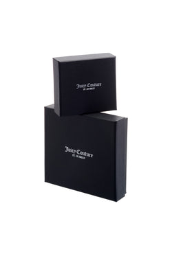 Displays the packaging for the Gold tone 'Juicy' branded enamel icon heart stud earrings 