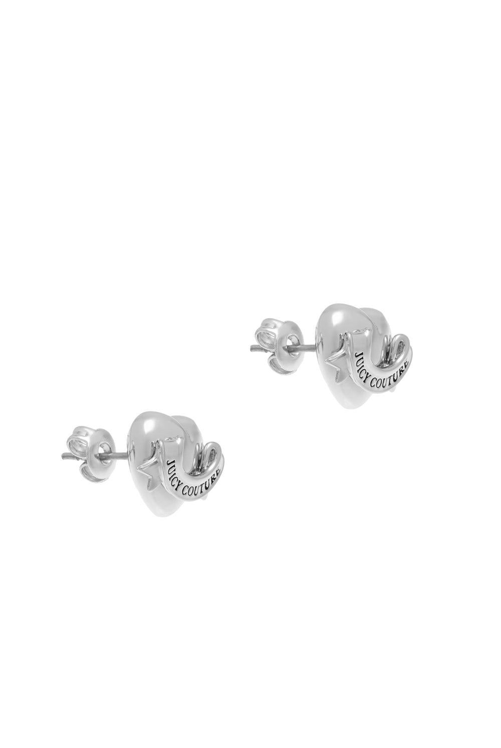 Displays the Silver Tone 'Juicy' icon heart stud earrings 
