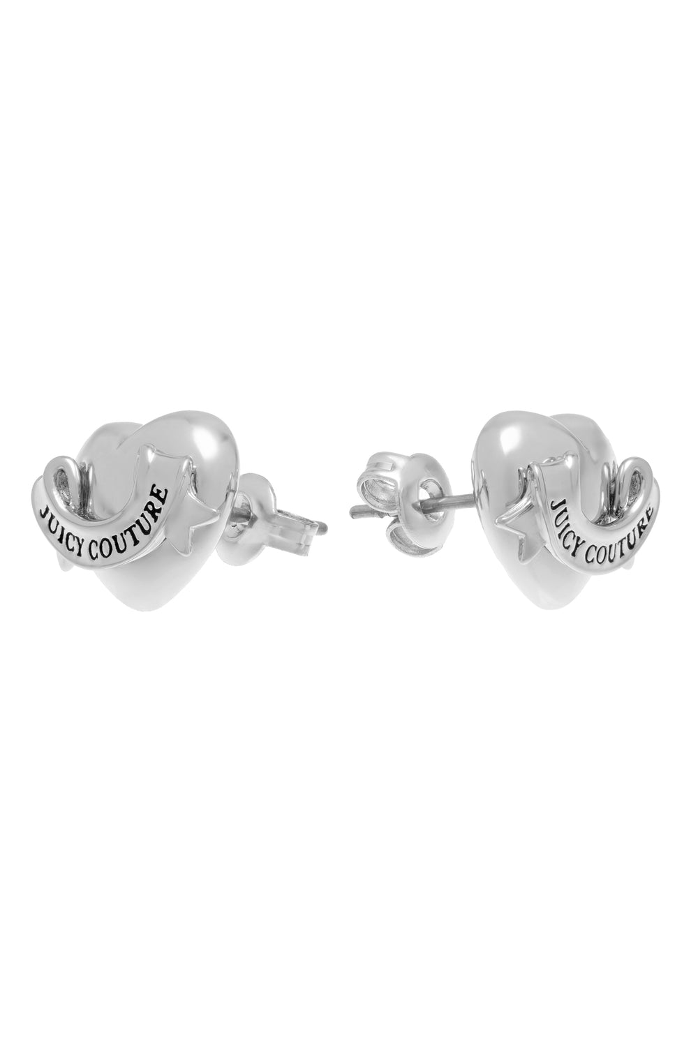 Displays the Silver Tone 'Juicy' icon heart stud earrings 