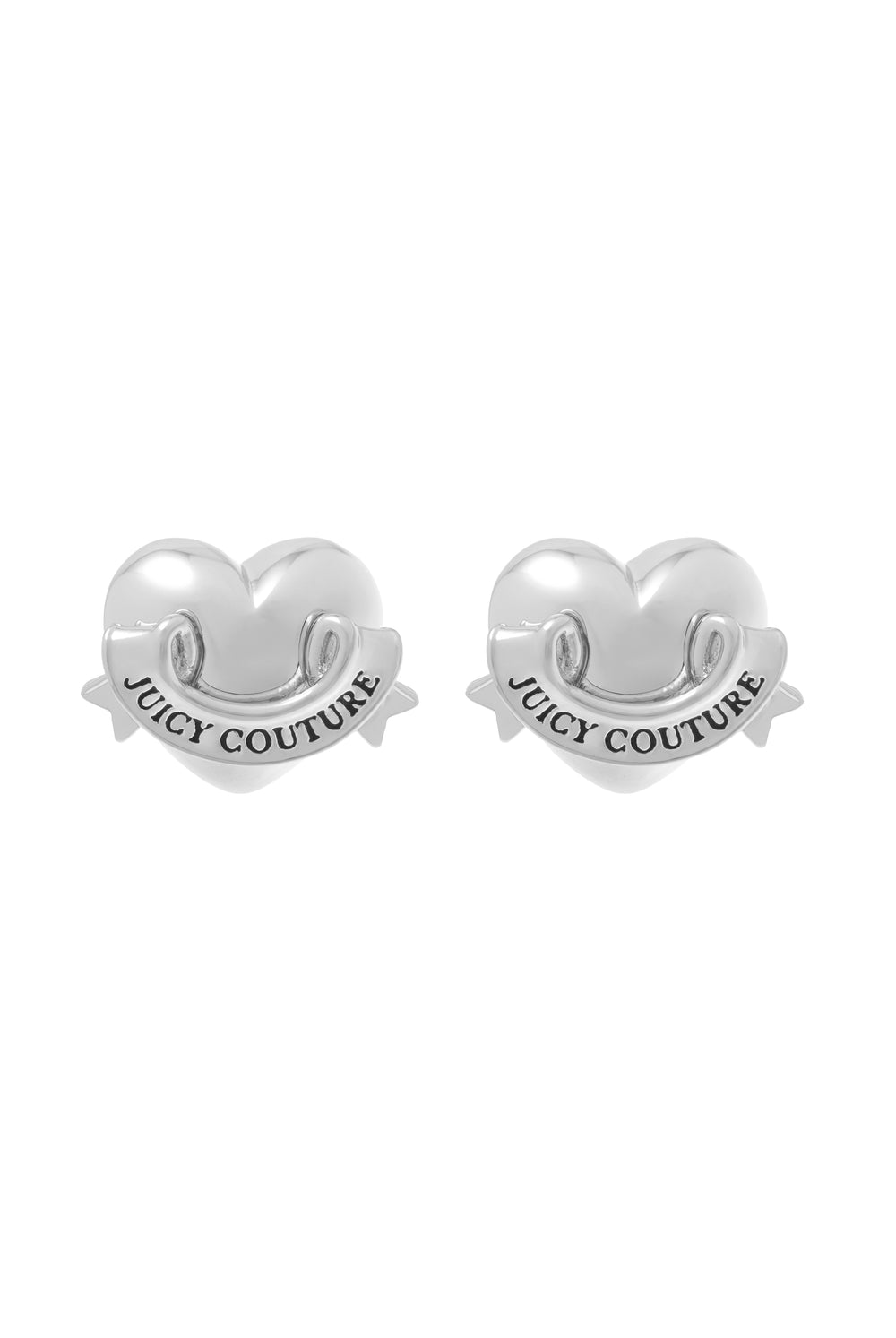 Displays the Silver Tone 'Juicy' icon heart stud earrings 