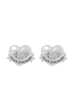 Displays the Silver Tone 'Juicy' icon heart stud earrings 