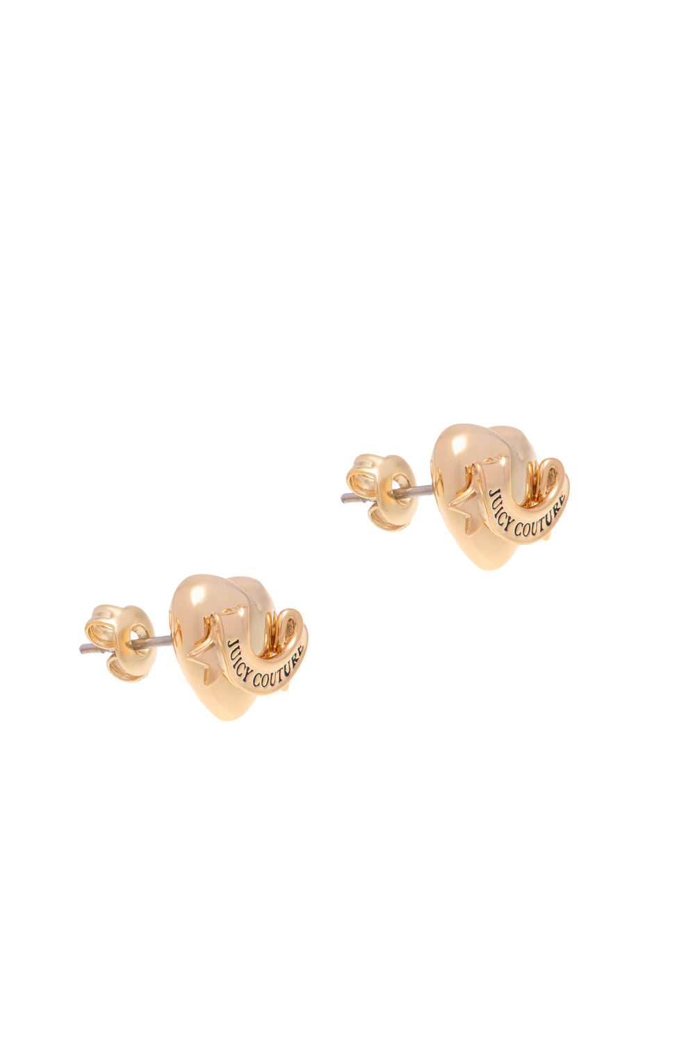 Displays the Gold Tone 'Juicy' branded Icon heart stud earrings 