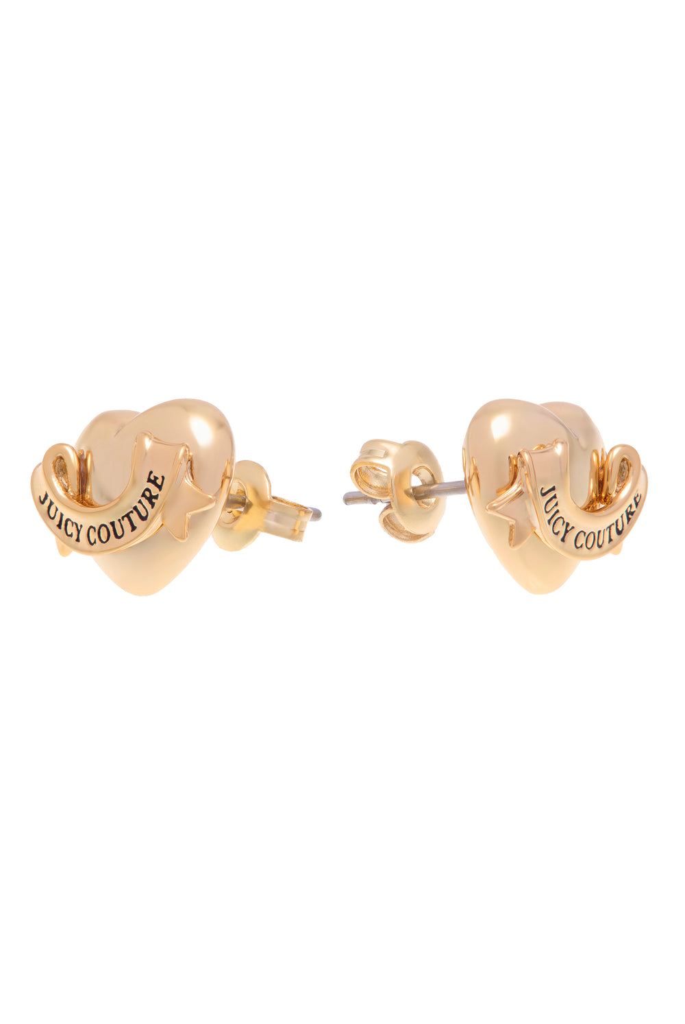 Displays the Gold Tone 'Juicy' branded Icon heart stud earrings 