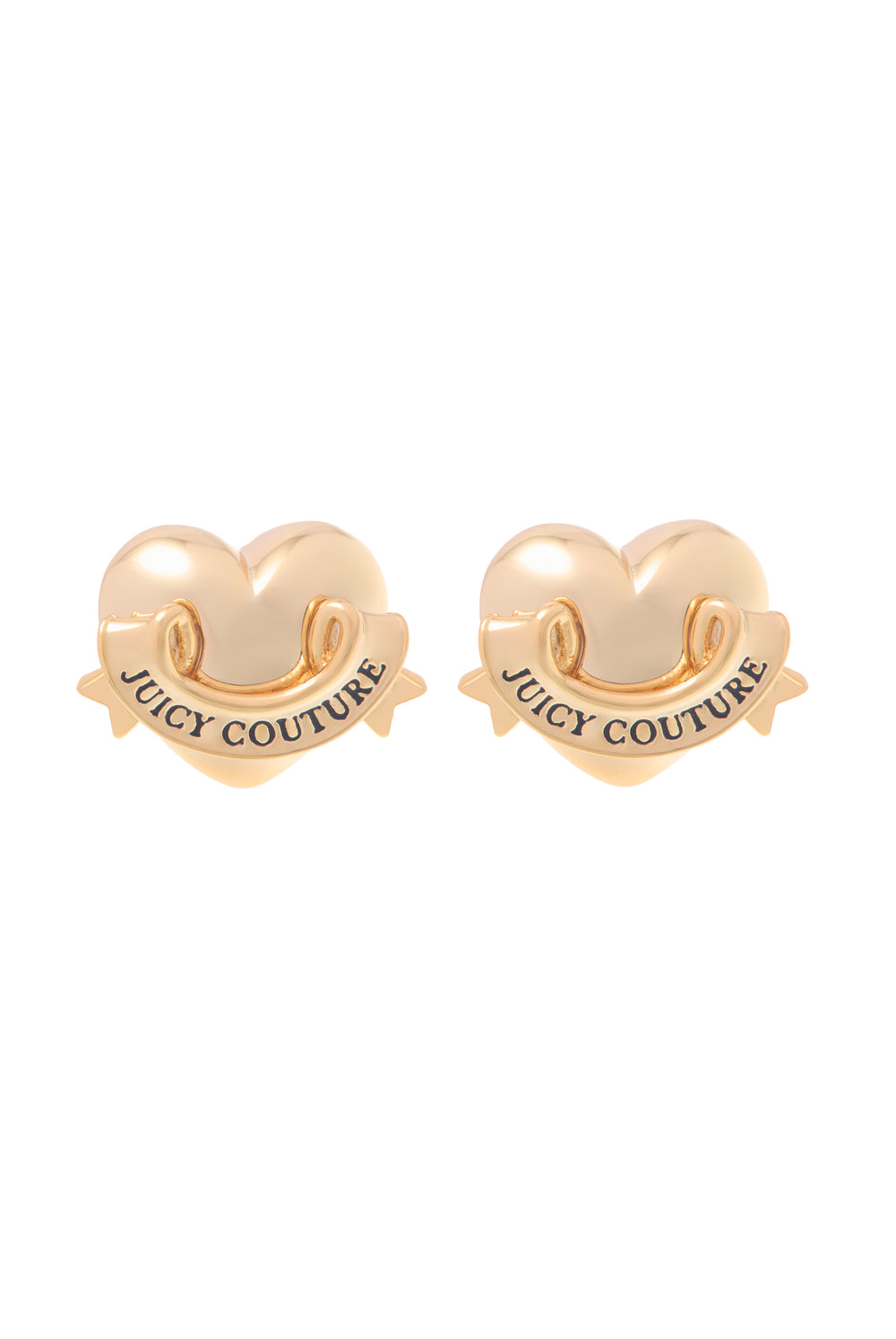 Displays the Gold Tone 'Juicy' branded Icon heart stud earrings 