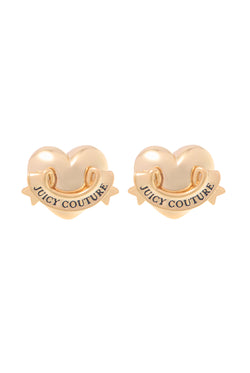 Displays the Gold Tone 'Juicy' branded Icon heart stud earrings 