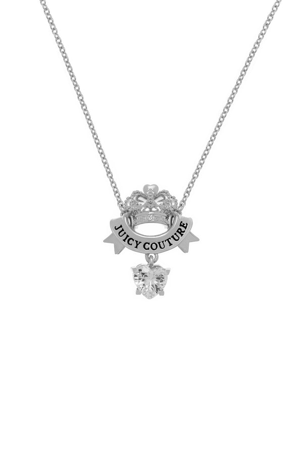 Displays the Silver crown & crystal 'Juicy' branded heart drop pendant necklace 