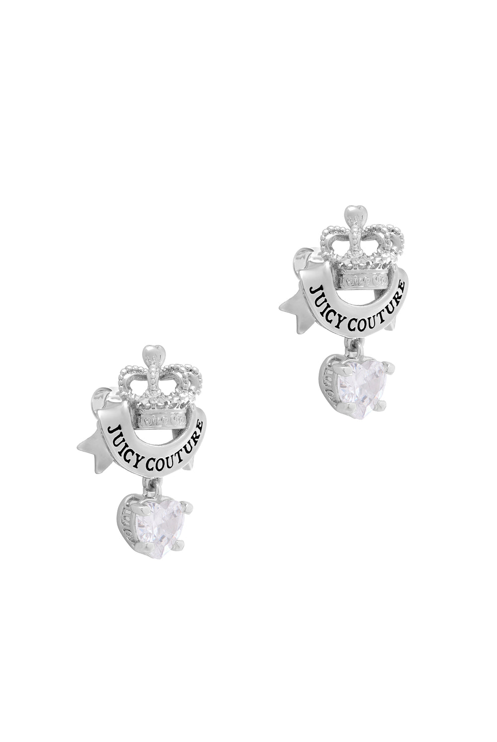 Displays the Silver Tone 'Juicy' branded Crown & Crystal heart drop earrings 