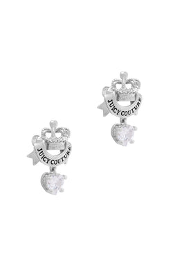 Displays the Silver Tone 'Juicy' branded Crown & Crystal heart drop earrings 