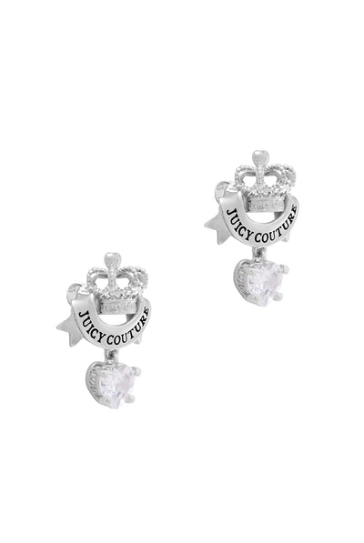 SILVER TONE CROWN & CRYSTAL HEART DROP EARRINGS