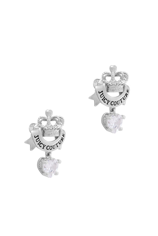 Displays the Silver Tone 'Juicy' branded Crown & Crystal heart drop earrings 