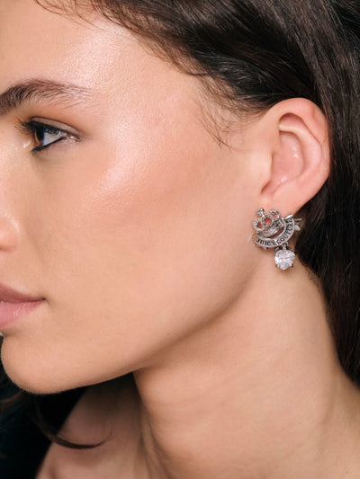 SILVER TONE CROWN & CRYSTAL HEART DROP EARRINGS