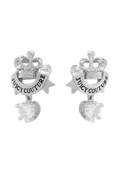 Displays the Silver Tone 'Juicy' branded Crown & Crystal heart drop earrings 