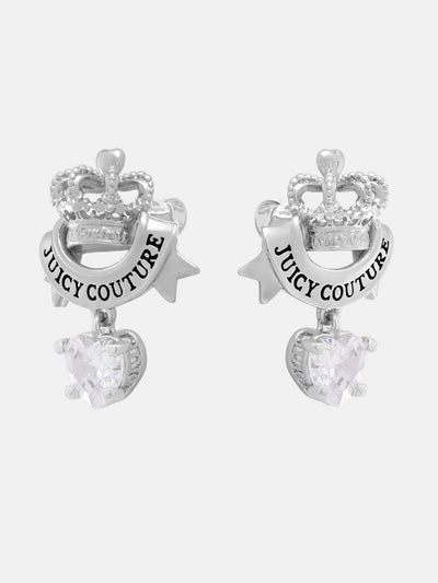SILVER TONE CROWN & CRYSTAL HEART DROP EARRINGS