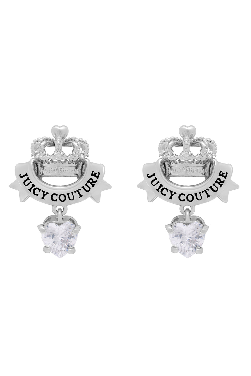 Displays the Silver Tone 'Juicy' branded Crown & Crystal heart drop earrings 