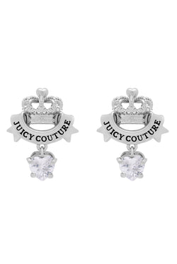 Displays the Silver Tone 'Juicy' branded Crown & Crystal heart drop earrings 