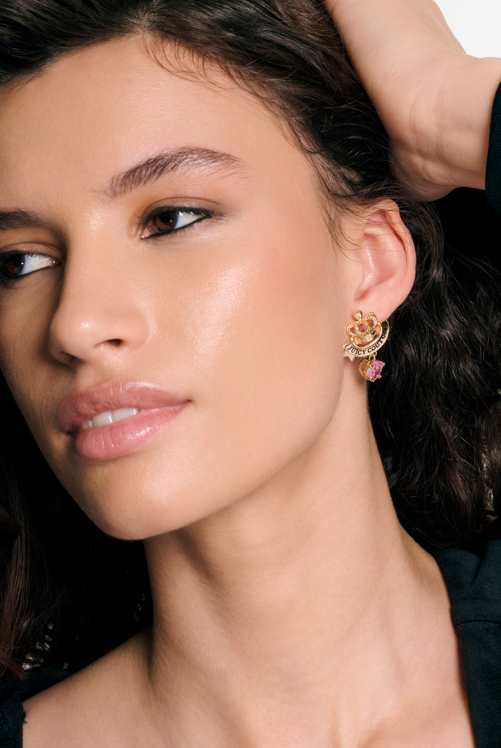 GOLD TONE CROWN & CRYSTAL HEART DROP EARRINGS