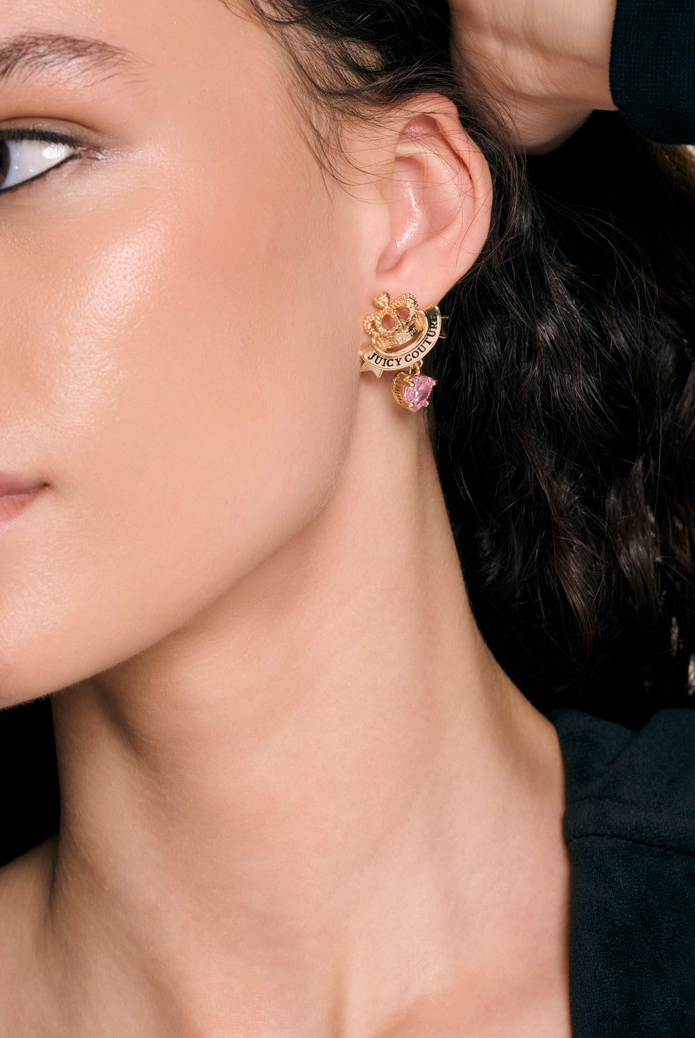 GOLD TONE CROWN & CRYSTAL HEART DROP EARRINGS