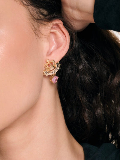 GOLD TONE CROWN & CRYSTAL HEART DROP EARRINGS