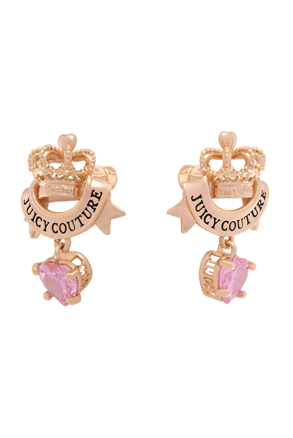 GOLD TONE CROWN & CRYSTAL HEART DROP EARRINGS